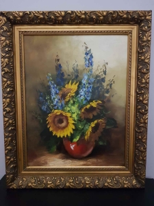 Bukiet  kwiatów  w  czerwonym  wazonie  Obraz  olejny